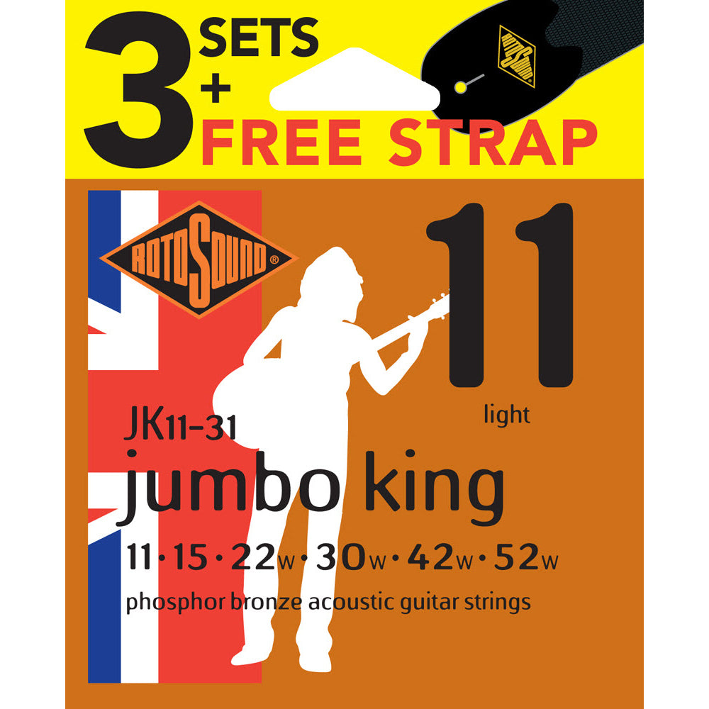 Rotosound Jumbo King Acoustic Guitar Strings Phosphor Bronze Value 3-Pack 11's + Free Strap [RJK1131]-Rotosound-Infinite Music