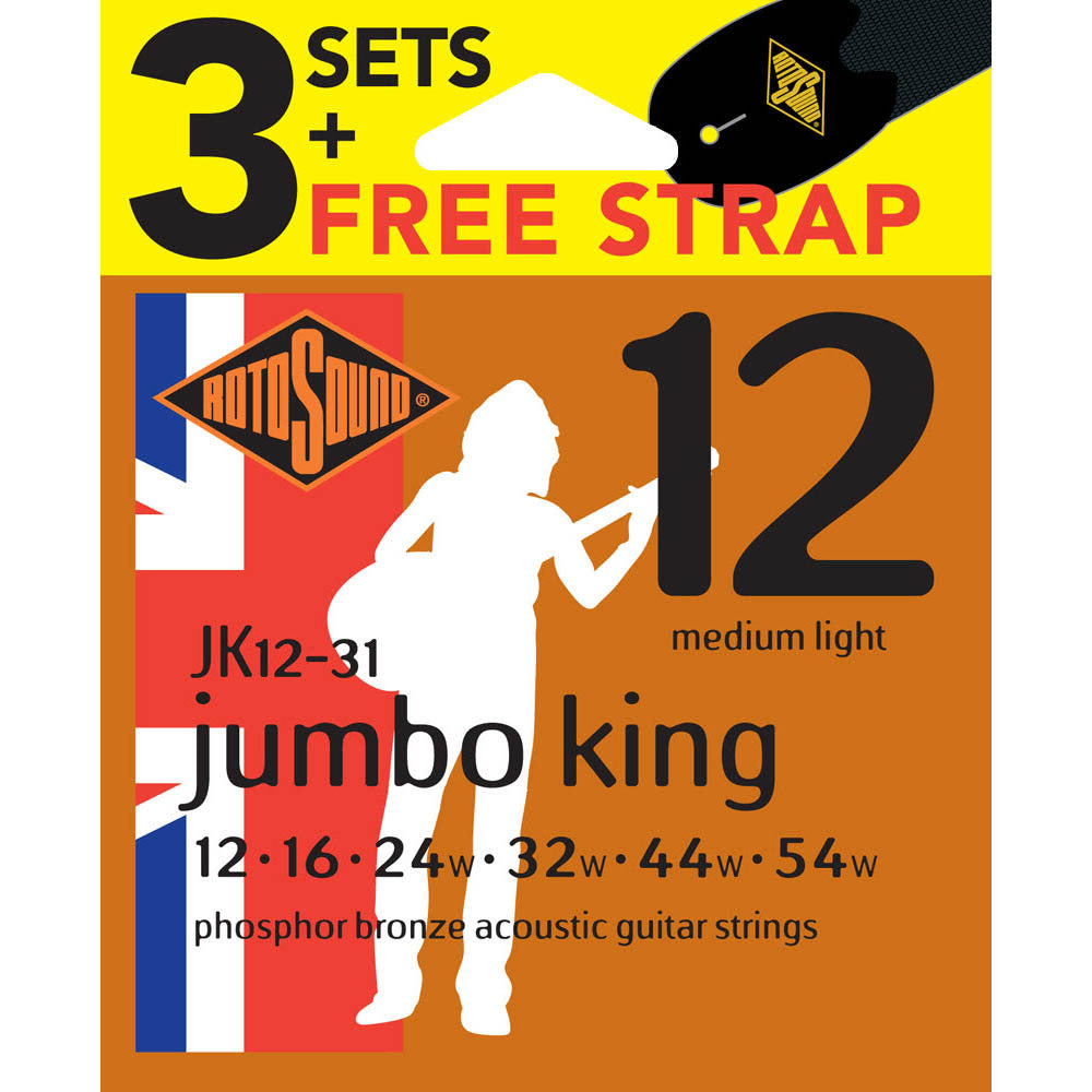 Rotosound Jumbo King Acoustic Guitar Strings Phosphor Bronze Value 3-Pack 12's + Free Strap [RJK1231]-Rotosound-Infinite Music