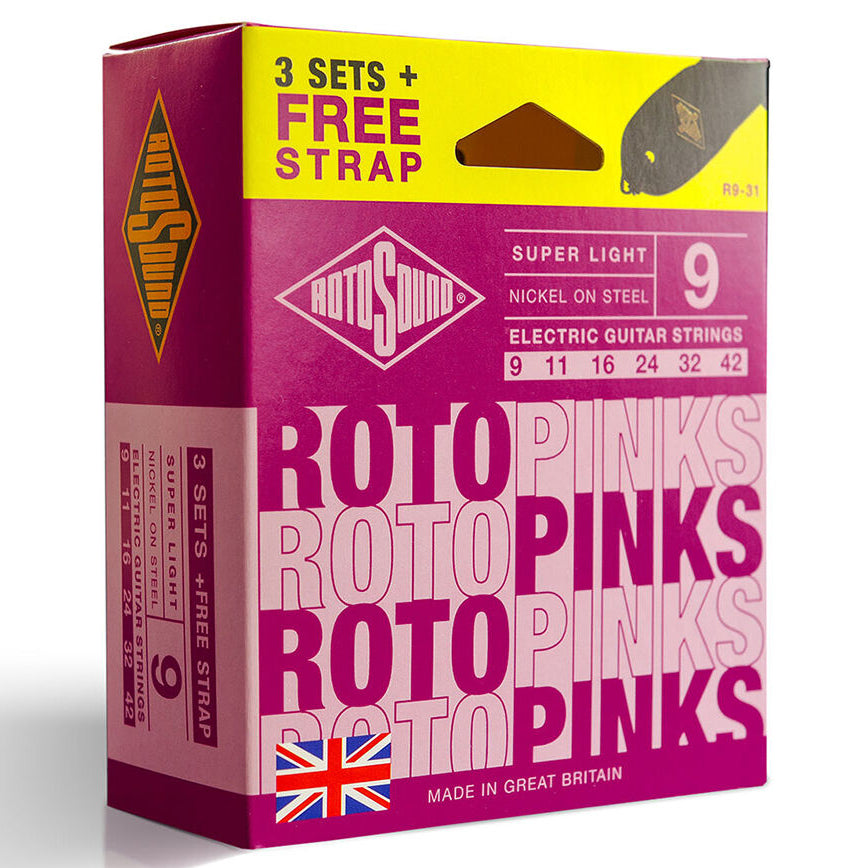 Rotosound Roto Pinks Electric Value 3-Pack String Set + Bonus Strap [R931] 9-42 Gauge-Rotosound-Infinite Music