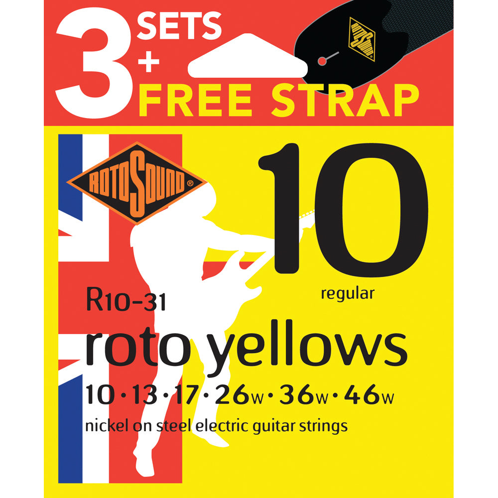 Rotosound Roto Yellows Electric Value 3-Pack String Set + Bonus Strap [R1031] 10-46 Gauge-Rotosound-Infinite Music