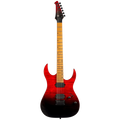 Spira Guitars S-450 TRD electric guitar, full front view showing the flame maple top in transparent red fading to black, maple neck and black hardware, against a plain dark background.