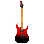 Spira Guitars S-450 TRD electric guitar, full front view showing the flame maple top in transparent red fading to black, maple neck and black hardware, against a plain dark background.