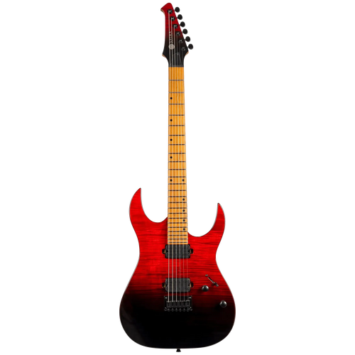 Spira Guitars S-450 TRD electric guitar, full front view showing the flame maple top in transparent red fading to black, maple neck and black hardware, against a plain dark background.