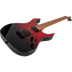 Angled view of the neck and body of the Spira Guitars S-450 showing the black-to-red gradient finish, maple fretboard and black hardware.