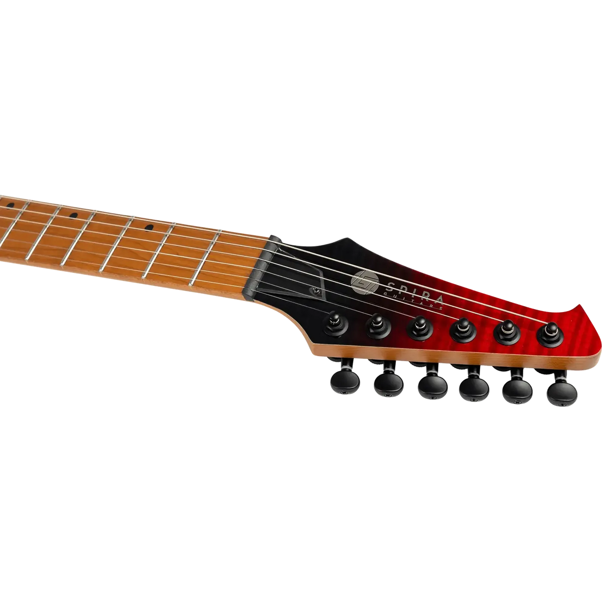 Close-up of the Spira Guitars S-450 headstock showing the 'Spira Guitars' logo, black locking tuners and maple neck.