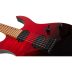 Close-up of the two black humbuckers, flamed red top and black fixed bridge on the Spira Guitars S-450.