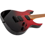 Angled close-up of the Spira Guitars S-450 body showing the black-to-red gradient finish, black hardware, control knobs and input jack.
