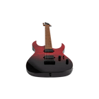 Front-on view looking up the neck of the Spira Guitars S-450 from the body, showing the flame top finish, pickups, bridge and control knobs.
