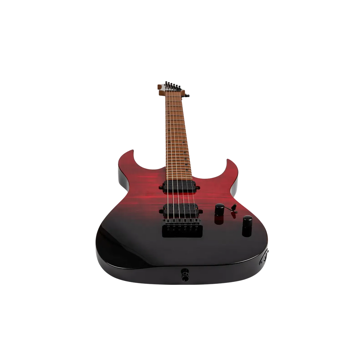 Front-on view looking up the neck of the Spira Guitars S-450 from the body, showing the flame top finish, pickups, bridge and control knobs.