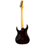 Full back view of the Spira Guitars S-450, showing the dark cherry back finish, smooth heel-less neck joint and black electronics cavity cover.