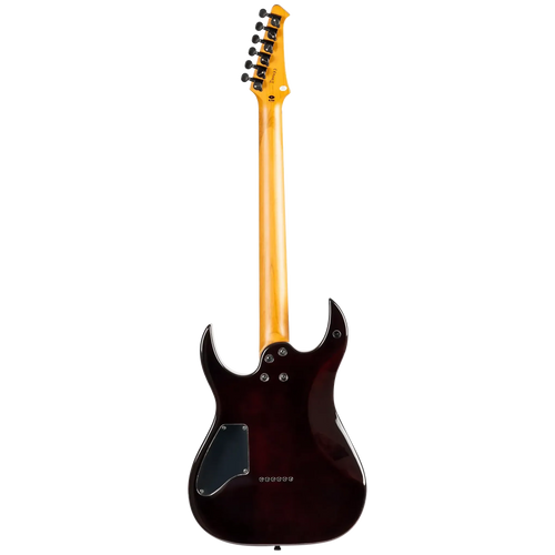 Full back view of the Spira Guitars S-450, showing the dark cherry back finish, smooth heel-less neck joint and black electronics cavity cover.