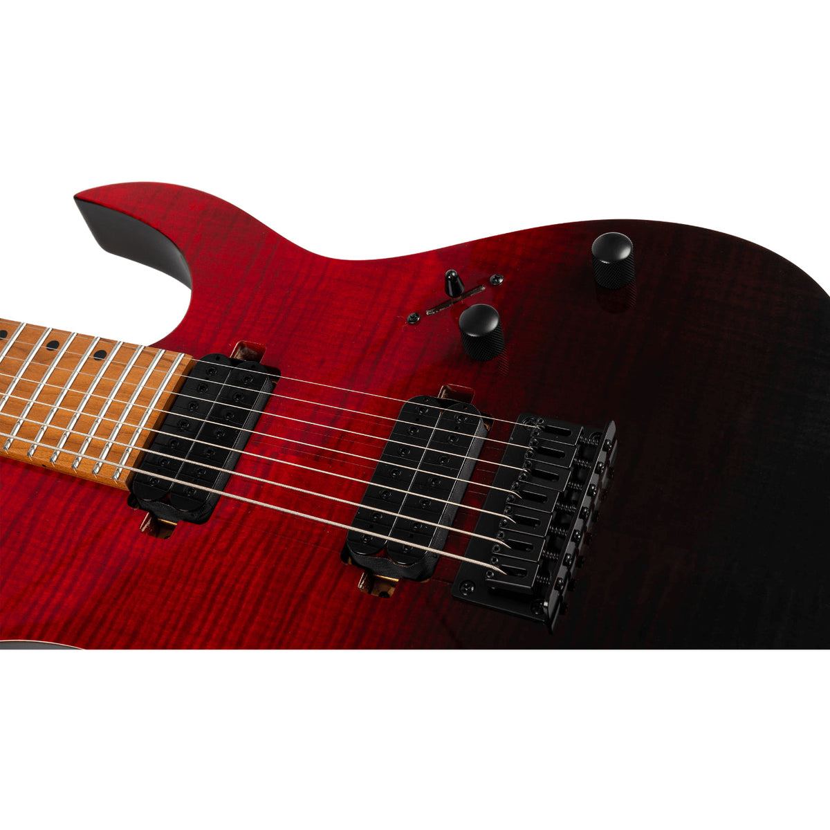 Spira Guitars S-457 TRD 7 STRING Flame Top Electric Guitar, Roasted Maple Neck - Trans Red/Black-Spira-Infinite Music