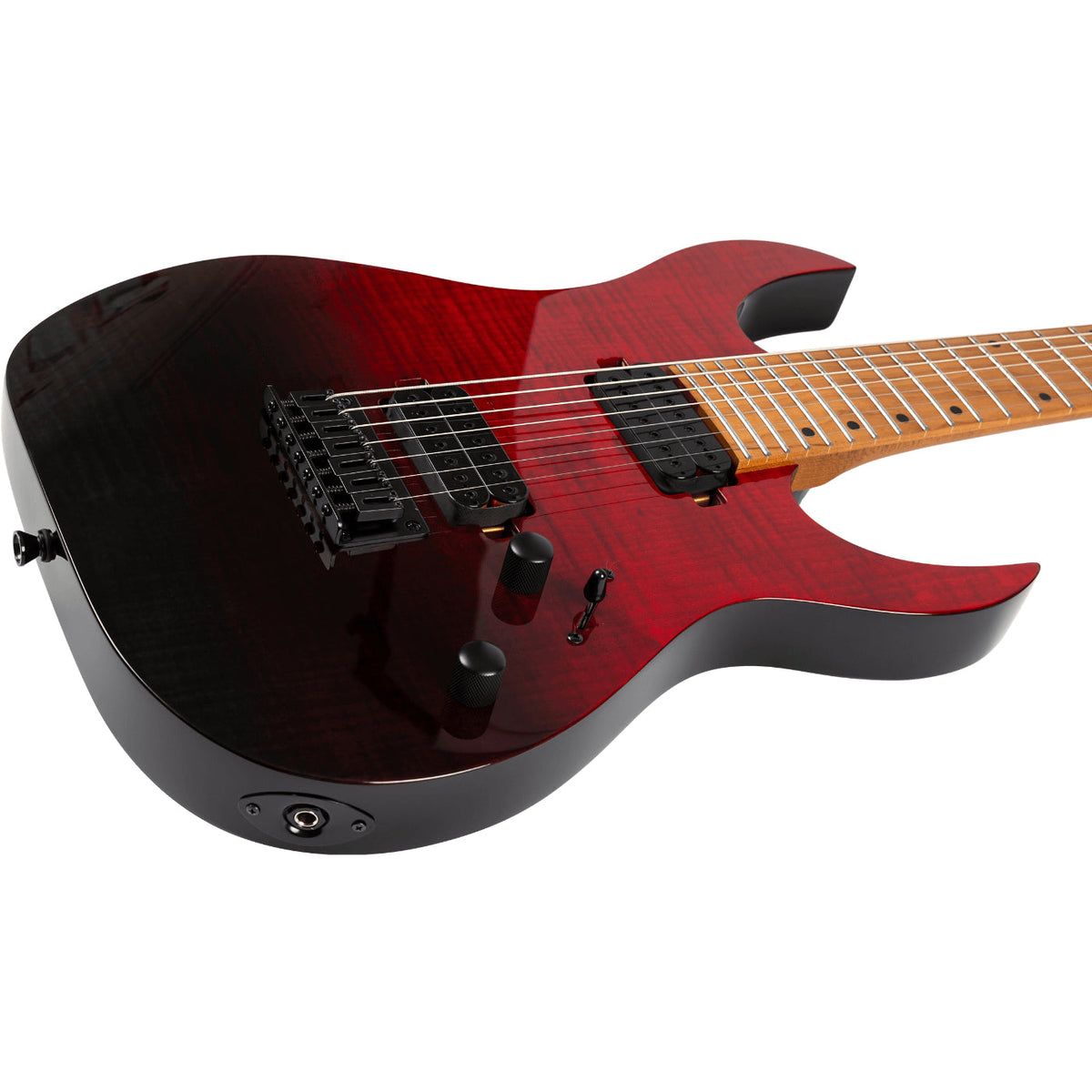Spira Guitars S-457 TRD 7 STRING Flame Top Electric Guitar, Roasted Maple Neck - Trans Red/Black-Spira-Infinite Music