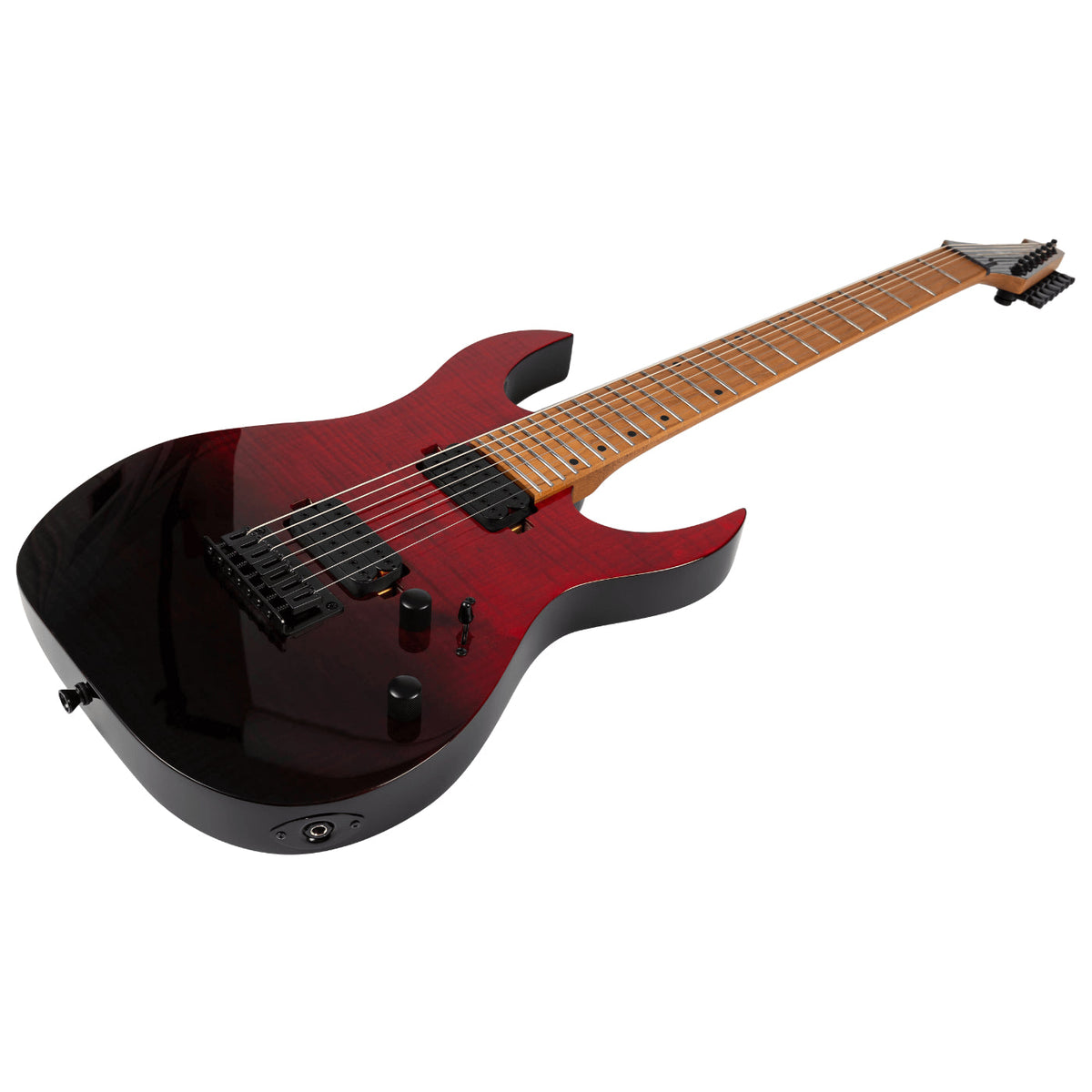 Spira Guitars S-457 TRD 7 STRING Flame Top Electric Guitar, Roasted Maple Neck - Trans Red/Black-Spira-Infinite Music
