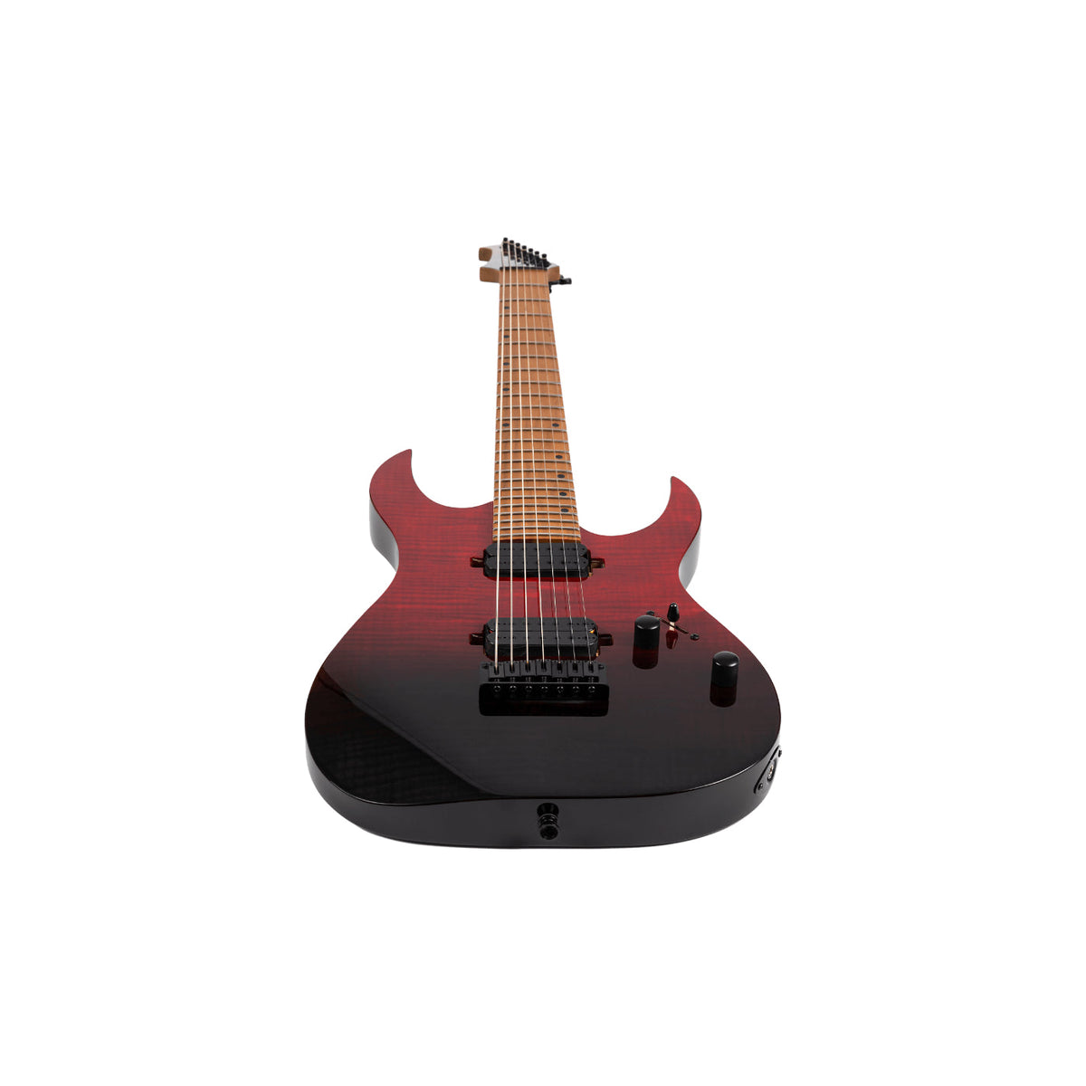 Spira Guitars S-457 TRD 7 STRING Flame Top Electric Guitar, Roasted Maple Neck - Trans Red/Black-Spira-Infinite Music