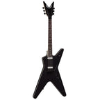 Full front view of the Dean MLX electric guitar in black satin finish, showing the ML-style body shape, two black humbucker pickups, Floyd Rose-style locking tremolo and three control knobs.
