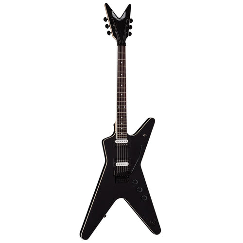 Full front view of the Dean MLX electric guitar in black satin finish, showing the ML-style body shape, two black humbucker pickups, Floyd Rose-style locking tremolo and three control knobs.